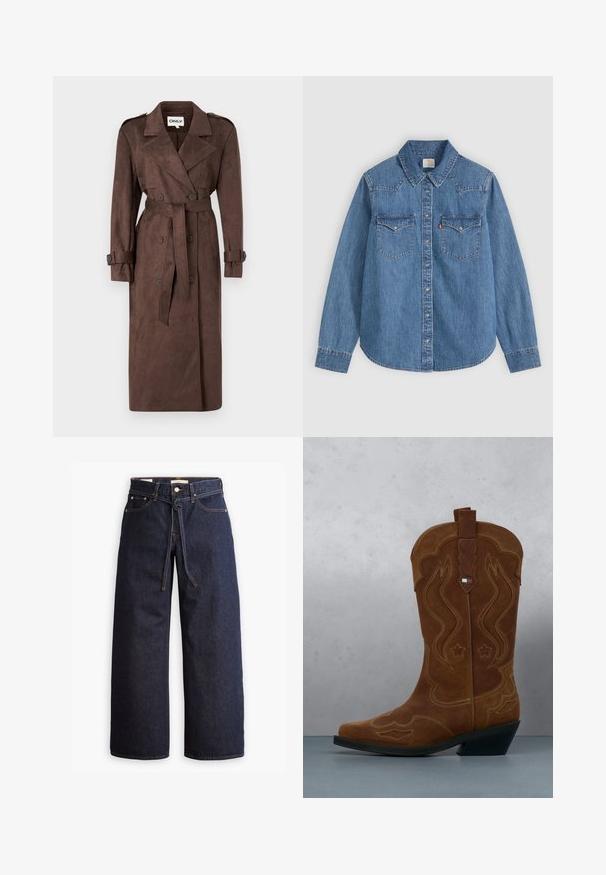 ONLY ONLINA LONG - Trenchcoat - chocolate brown; Langærmet blå denim skjorte med knapper, spids krave og to brystlommer med klap på en lys baggrund.; Bredde ben mørkeblå denim jeans med høj talje, der har snoretræk, fem lommer og kontrastsyet detaljer.; Brun ruskind cowboystøvle med dekorativ syning og et flagemblem på skaftet, stående på et trægulv udendørs.