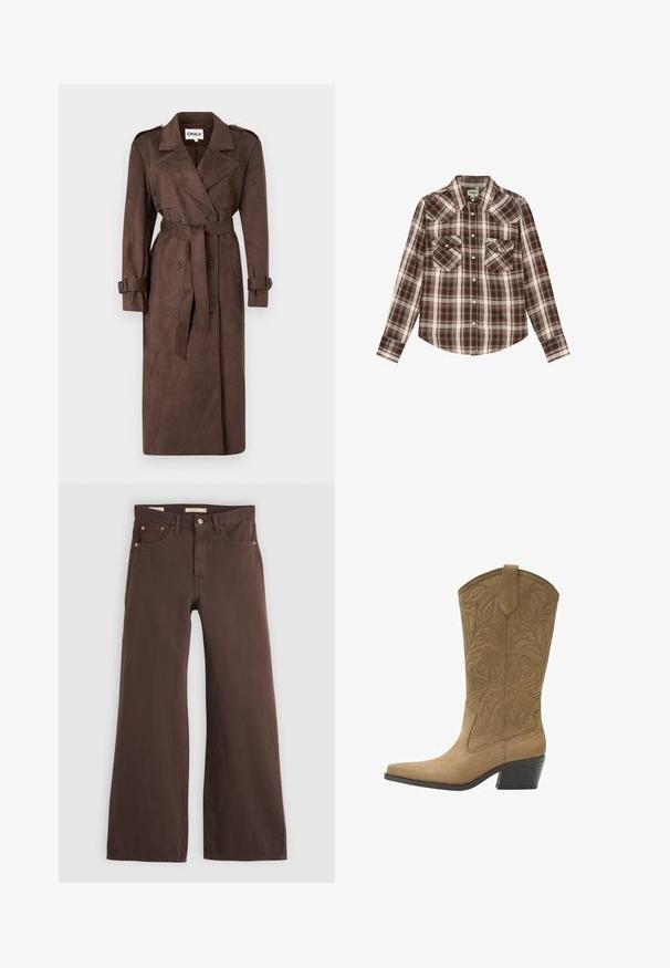 ONLY ONLINA LONG - Trenchcoat - chocolate brown; Langärmliges braun-weiß kariertes Hemd mit Knopfleiste, zwei Vordertaschen und spitzem Kragen, flach auf weißem Hintergrund ausgelegt.; Braune Jeans mit weitem Bein und hoher Taille, fünf Taschen und Knopfverschluss, flach auf hellem Hintergrund liegend.; Hellbrauner Wildleder-Cowboystiefel mit floraler Stickerei, spitzer Zehenpartie, Lasche zum Anziehen und gestapeltem, mittelhohem Absatz.