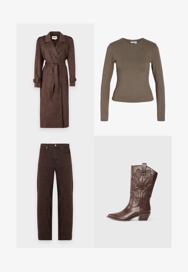 ONLY ONLINA LONG - Καμπαρντίνα - chocolate brown; Μακρυμάνικη, εφαρμοστή μπλούζα με στρογγυλή λαιμόκοψη σε μονόχρωμο καφέ χρώμα με απλό σχέδιο και χωρίς ορατά σχέδια ή λογότυπα.; Καφέ τζιν ψηλόμεσα με σκούρο ζεβρέ σχέδιο, πέντε τσέπες, κλείσιμο με κουμπί και ίσια γραμμή στο πόδι σε λευκό φόντο.; Καφέ δερμάτινη καυ cowboy μπότες με κατευθυντικό μάκρος, διακοσμητική ραφή στον κορμό και χαμηλό τσόκαρο. Λείος υφή με γυαλιστερό φινίρισμα.
