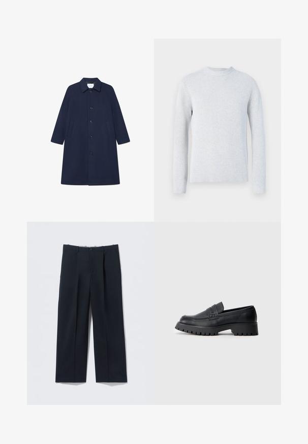 Manteau en mélange de laine bleu marine avec une fermeture à boutons, des manches longues et des poches latérales. Doté d'un col classique et d'un design longueur genou.; Pull en maille gris clair à manches longues avec col rond et poignets et bas en bord-côte, présenté sur fond blanc.; Pantalon bleu marine foncé en tissu lisse, avec une coupe ajustée, deux poches avant et une fermeture par bouton.; Mocassins en cuir noir avec un bout arrondi, présentant une sangle décorative et une semelle en caoutchouc épaisse avec de profonds crampons pour une meilleure adhérence.