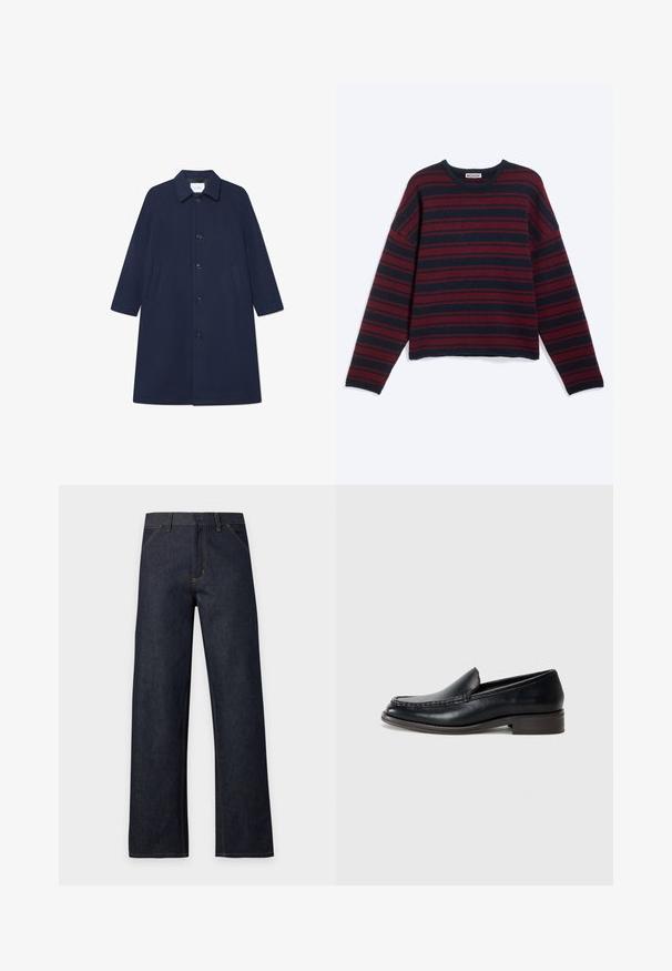 Manteau en mélange de laine bleu marine avec une fermeture à boutons, des manches longues et des poches latérales. Doté d'un col classique et d'un design longueur genou.; Pull à manches longues rayé bleu foncé et rouge avec col rond, coupe décontractée et bords côtelés.; Jean denim bleu foncé à jambes larges avec coutures jaunes, fermeture avant par boutons, passants de ceinture et poches avant, présenté sur un fond uni.; Mocassin en cuir noir pour homme avec une couture sur le bout, un petit talon en bois et un design sans lacets sur un fond clair.