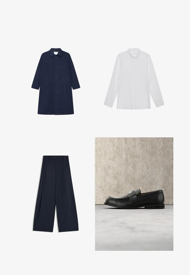 Manteau en mélange de laine bleu marine avec une fermeture à boutons, des manches longues et des poches latérales. Doté d'un col classique et d'un design longueur genou.; Chemise blanche à manches longues en tissu lisse, dotée d'un col pointu, d'une fermeture à boutons sur le devant et de poignets à un bouton.; Pantalon bleu marine à jambes larges avec fines rayures blanches et taille haute, posé à plat sur un fond blanc.; Mocassin en cuir noir avec une plaque de marque en métal reposant près d'une table ronde marron sur un sol recouvert de moquette beige.