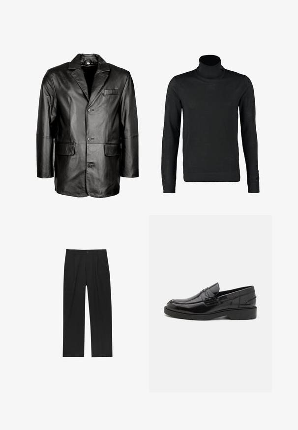 Schwarze Lederblazer mit Reverskragen, Zwei-Knopf-Verschluss, zwei vorderen Taschen und glatter Oberfläche. Maßgeschneiderte Passform mit figurbetontem Schnitt.; Lindbergh ROLL NECK - Strickpullover - black; Schwarze Hose mit geradem Schnitt, aus einem glatten Stoff gefertigt. Verfügt über Vorderfalten und einen einzelnen Knopfverschluss an der Taille.; Schwarze Lederloafers mit glatter Oberfläche, abgerundetem Zehenbereich, niedrigem Absatz und dekorativer Naht entlang der Vorderseite. Gummisohle für guten Halt.
