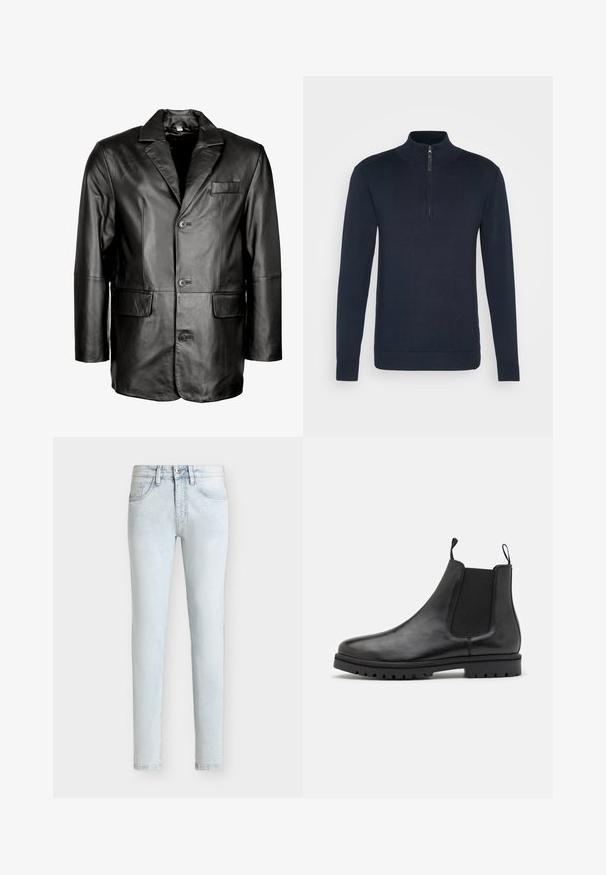 Schwarze Lederblazer mit Reverskragen, Zwei-Knopf-Verschluss, zwei vorderen Taschen und glatter Oberfläche. Maßgeschneiderte Passform mit figurbetontem Schnitt.; Marineblauer Pullover mit langen Ärmeln, hohem Kragen und Viertelreißverschluss. Hergestellt aus weichem Strickmaterial mit geripptem Textur an den Bündchen und am Saum.; Hell gewaschene Slim-Fit-Denim-Jeans mit vorderem Knopf- und Reißverschluss, Gürtelschlaufen und Fünf-Taschen-Styling vor einfarbigem Hintergrund.; Schwarze Leder Chelsea-Stiefel mit elastischen Seitenpaneelen, Zugschlaufen und einer strukturierten Gummisohle mit Profilmuster.
