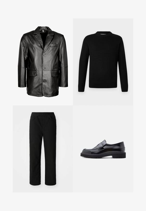 Schwarze Lederblazer mit Reverskragen, Zwei-Knopf-Verschluss, zwei vorderen Taschen und glatter Oberfläche. Maßgeschneiderte Passform mit figurbetontem Schnitt.; Schwarzer langärmeliger Rundhalsausschnitt-Strickpullover mit gerippten Bündchen und Saum, auf einem schlichten hellen Hintergrund präsentiert.; Schwarze Baumwollhose mit lockerer Passform, elastischem Taillenbund, zwei Fronttaschen und geradem Bein. Glatte Textur ohne sichtbare Muster.; Schwarzer Leder Slipper mit elegantem Design, abgerundeter Schuhspitze und dicker, strukturierten Gummisohle. Mit einem dekorativen Riemen quer über der Vorderseite.