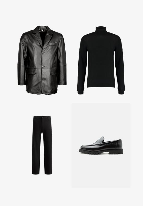 Schwarze Lederblazer mit Reverskragen, Zwei-Knopf-Verschluss, zwei vorderen Taschen und glatter Oberfläche. Maßgeschneiderte Passform mit figurbetontem Schnitt.; Schwarzer Rollkragensweater aus glattem Strickstoff, mit langen Ärmeln und tailliertem Schnitt. Rippbündchen und Saum.; Schwarze, maßgeschneiderte Hose mit flachem Vorderteil, geraden Beinen, einem Knopfverschluss und Gürtelschlaufen, aus einem glatten Stoff ohne sichtbare Muster.; Schwarzer Lederloafer mit grober Gummisohle, genähter Oberseite und geprägtem Markennamen an der Ferse, seitlich auf weißem Hintergrund gezeigt.