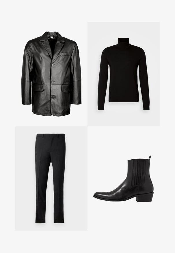 Schwarze Lederblazer mit Reverskragen, Zwei-Knopf-Verschluss, zwei vorderen Taschen und glatter Oberfläche. Maßgeschneiderte Passform mit figurbetontem Schnitt.; Schwarzer Rollkragenpullover aus feiner Strickware, mit langen Ärmeln und taillierter Silhouette. Glatte Textur mit gerippten Bündchen.; Schwarze Hose mit tailliertem Schnitt, flacher Vorderseite, zwei Falten, Gürtelschlaufen und glatter Textur. Keine sichtbaren Muster oder Metallteile.; Schwarze Leder- ankle boot mit spitzem Zehenbereich, elastischen Seitenpaneelen, vertikalen Steppnähten und einem niedrigen Blockabsatz.