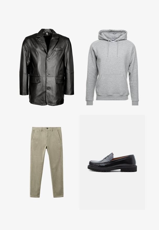 Schwarze Lederblazer mit Reverskragen, Zwei-Knopf-Verschluss, zwei vorderen Taschen und glatter Oberfläche. Maßgeschneiderte Passform mit figurbetontem Schnitt.; Grauer Kapuzenpullover aus weichem Baumwollmaterial, mit einer Fronttasche, verstellbaren Kordeln und gerippten Bündchen und Saum.; Herren-Cordhosen in hellem Olivgrün mit Knopfverschluss, Gürtelschlaufen und vorderen Seitentaschen.; Schwarze Leder-Penny-Loafer mit strapazierfähiger Gummisohle und Mokassin-Stich, seitlich auf einem weißen Hintergrund dargestellt.