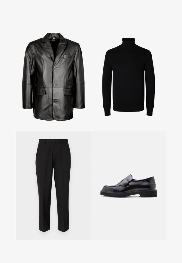 Sort læderblazer med klapkrave, to-knapslukning, to frontlommer og en glat tekstur. Skræddersyet design med en tætsiddende silhuet.; Sort langærmet rullekrave sweater med rib manchetter og kant, vist på en ensartet hvid baggrund.; Sorte bukser lavet af glat stof, med lige ben design, forlommer, en enkelt knaplukning, og uden synlige mønstre.; Sorte læder slip-on sko med et slankt design, rund tå og en tyk, struktureret gummisål. Har en dekorativ rem på tværs foran.