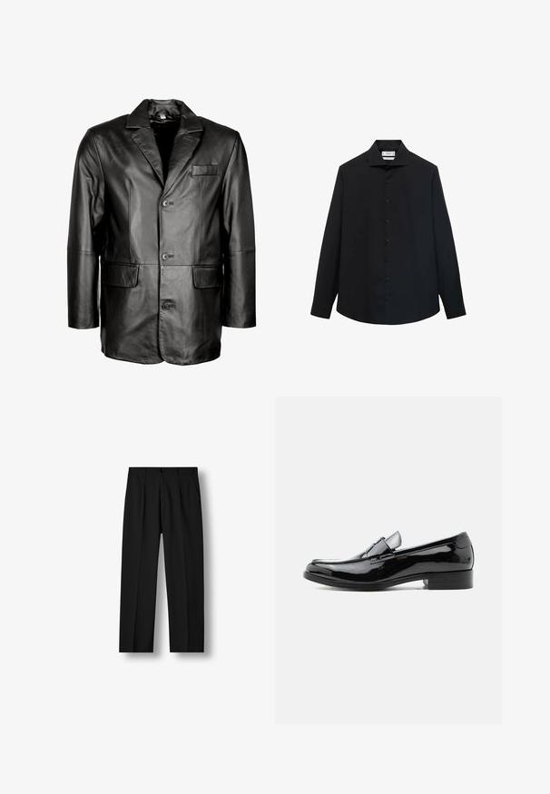 Schwarze Lederblazer mit Reverskragen, Zwei-Knopf-Verschluss, zwei vorderen Taschen und glatter Oberfläche. Maßgeschneiderte Passform mit figurbetontem Schnitt.; Schwarzes Langarmshirt aus glattem Stoff, mit einem klassischen Kragen und einer durchgehenden Knopfleiste mit gleichmäßig verteilten Knöpfen.; Schwarze gerade geschnittene Hose mit vorderen Falten, knöpfbarem Bund und Seitentaschen vor einem weißen Hintergrund.; Schwarzer Lackleder-Herrenschuh mit niedrigem Absatz, rundem Zehenbereich und Riemendetail über dem Spann vor weißem Hintergrund.