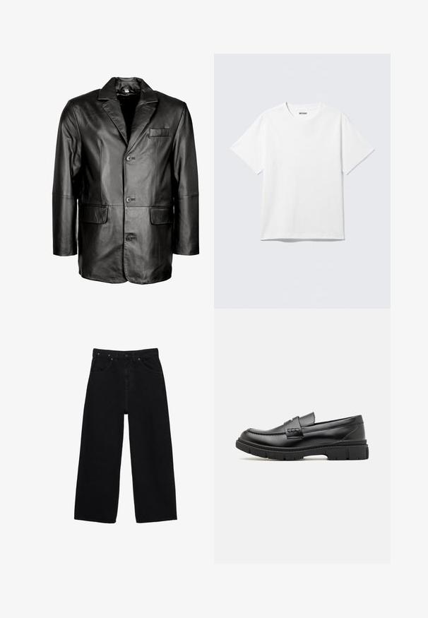 Zwarte leren blazer met een notch lapel, sluiting met twee knopen, twee voorkruiden en een gladde textuur. Op maat gemaakte ontwerp met een getailleerd silhouet.; Witte T-shirt met korte mouwen en ronde hals, plat gelegd, effen ontwerp, met een "WEEKDAY" label in de kraag op een lichte achtergrond.; Zwarte denim jeans met wijde pijpen, voorzijde met knoop- en ritssluiting, riemlussen en klassieke vijfzakkenstijl.; Zwarte leren instapper met een brede band over de voet, rubberen zool met dikke noppen en een gladde textuur. Klassiek, strak ontwerp.
