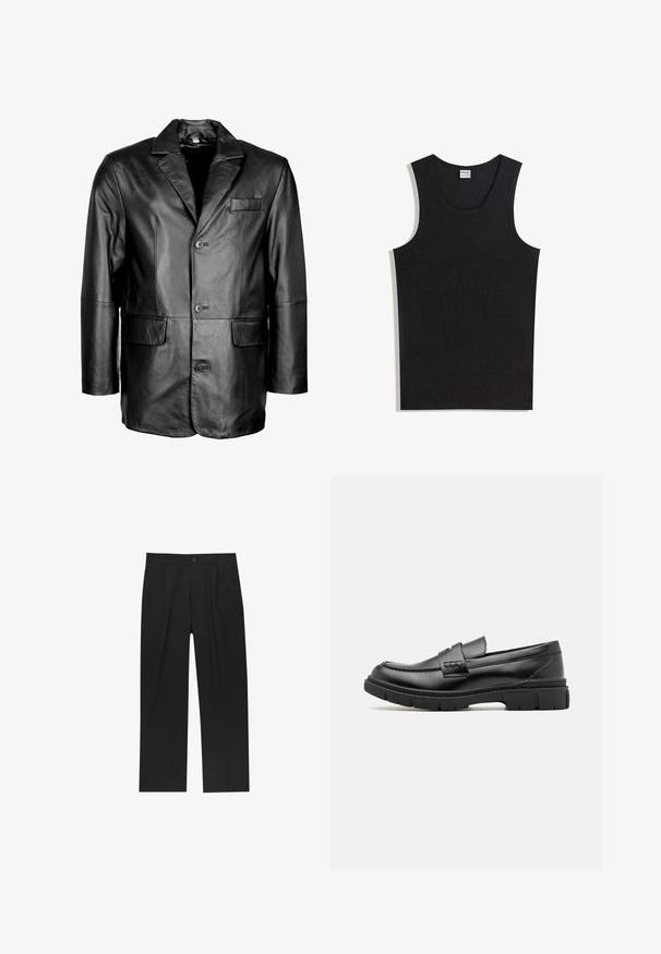 Zwarte leren blazer met een notch lapel, sluiting met twee knopen, twee voorkruiden en een gladde textuur. Op maat gemaakte ontwerp met een getailleerd silhouet.; Zwart katoenen tanktop met een ronde halslijn en zonder mouwen. Gladde textuur zonder zichtbare patronen of accenten.; Zwarte broeken met een recht model, gemaakt van een gladde stof. Voorzien van een voorplooien en een enkele knoopsluiting bij de taille.; Zwarte leren instapper met een brede band over de voet, rubberen zool met dikke noppen en een gladde textuur. Klassiek, strak ontwerp.