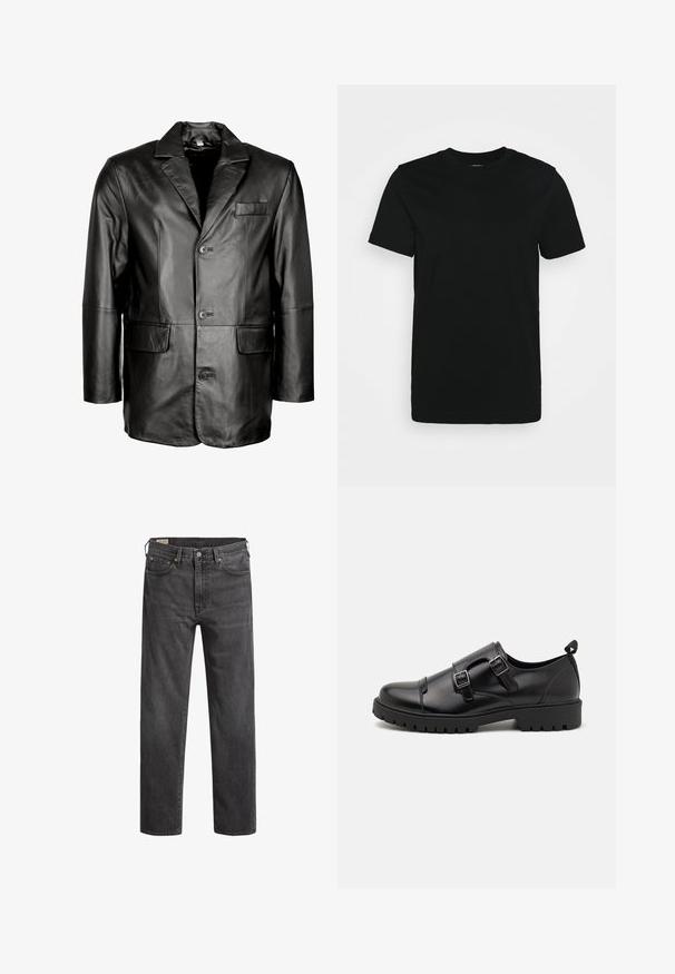 Schwarze Lederblazer mit Reverskragen, Zwei-Knopf-Verschluss, zwei vorderen Taschen und glatter Oberfläche. Maßgeschneiderte Passform mit figurbetontem Schnitt.; Schwarzes kurzärmliges T-Shirt aus glattem Baumwollstoff, mit Rundhalsausschnitt und einem schlichten Design ohne Muster oder Akzente.; Dunkelgraue Denim-Jeans mit geradem Beinschnitt, fünf Taschen und Kupfennieten. Klassisches Design mit einer leicht verblassten Textur.; Pier One Business-Slipper - black