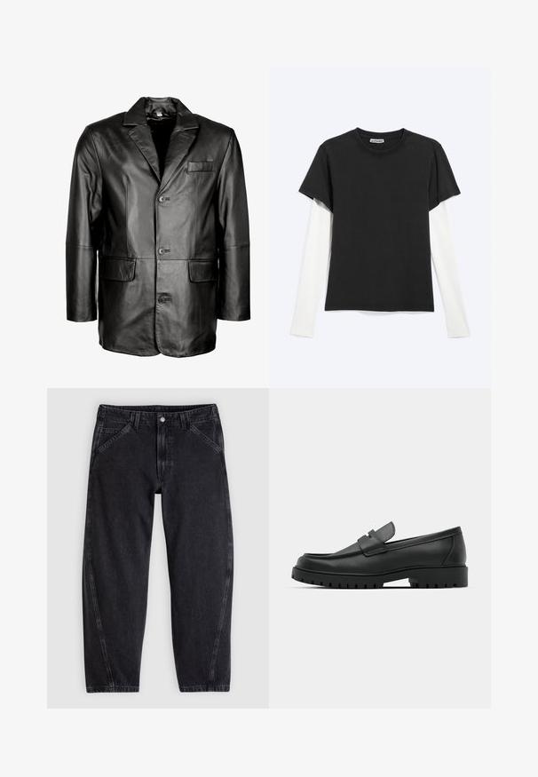 Zwarte leren blazer met een notch lapel, sluiting met twee knopen, twee voorkruiden en een gladde textuur. Op maat gemaakte ontwerp met een getailleerd silhouet.; Zwart T-shirt met korte mouwen gedragen over een wit shirt met lange mouwen, plat gelegd op een lichtgrijze achtergrond met het WEEKDAY-label zichtbaar aan de binnenkant van de kraag.; Zwarte spijkerbroek met een losse pasvorm, voorzien van een standaard tailleband, ontwerp met vijf zakken en contrasterende stiksels langs de naden.; Zwarte leren instappers met een ronde neus, voorzien van een gestikt ontwerp, een lage platformzool en een gestructureerde, grof rubberen buitenzool.