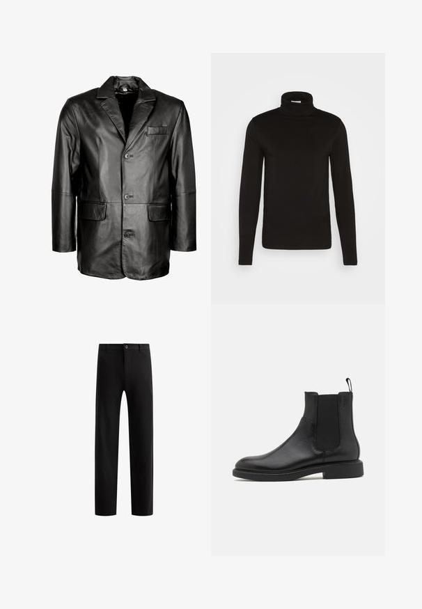Sort læderblazer med klapkrave, to-knapslukning, to frontlommer og en glat tekstur. Skræddersyet design med en tætsiddende silhuet.; Sort turtleneck langærmet skjorte lavet af et glat stof med en tætsiddende design og en høj, tætsiddende krave. Ingen mønstre eller accenter synlige.; Sorte skræddersyede bukser med flad front, lige ben, enkelt knaplukning og bæltestropper, lavet af et glat stof uden synlige mønstre.; Sort læder ankelstøvle med glat overflade, elastiske sidepaneler og en trækstrop. Rund tå og flad gummisål med minimal mønster.