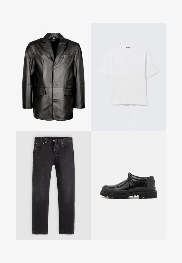 Schwarze Lederblazer mit Reverskragen, Zwei-Knopf-Verschluss, zwei vorderen Taschen und glatter Oberfläche. Maßgeschneiderte Passform mit figurbetontem Schnitt.; Schlichtes weißes T-Shirt mit kurzen Ärmeln und Rundhalsausschnitt, mit einem kleinen "WEEKDAY"-Etikett an der Innenseite des Rückenkragens, auf einer flachen Oberfläche liegend dargestellt.; Schwarze Denim-Jeans mit geradem Schnitt, ausgestattet mit zwei Fronttaschen, einer Münztasche und Metallnieten. Klassisches Fünf-Taschen-Design.; Schwarze Leder-Derby-Schuhe mit einem eleganten Design, runder Zehenpartie und rutschfester Gummisohle mit tiefen Rillen für besseren Halt.