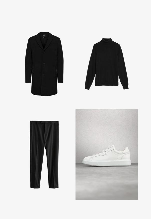 Manteau noir en mélange de laine au design ajusté ; doté d'une fermeture à un bouton, de revers en pointe et de poches latérales. Texture lisse.; Pull en col roulé noir en tricot doux, avec des manches longues et un col ajusté. Pas de motifs ni de décorations visibles.; Pantalon de costume noir cintré avec passants de ceinture, fermeture à boutons sur le devant et poches latérales, présenté à plat sur fond blanc.; Baskets en cuir blanc avec un bout arrondi, un laçage plat et une semelle en caoutchouc grise. Caractérisées par des coutures discrètes et un accent de logo.