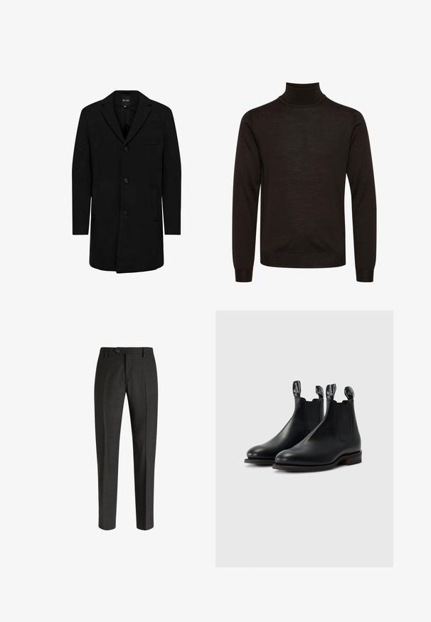 Manteau noir en mélange de laine au design ajusté ; doté d'une fermeture à un bouton, de revers en pointe et de poches latérales. Texture lisse.; Pull à col roulé noir en maille fine, avec des manches longues et une coupe ajustée, offrant une texture lisse.; Boggi Milano Chino - charcoal; Bottes Chelsea en cuir noir avec panneaux latéraux élastiques, coutures contrastées et languettes portant le logo de la marque. Semelles en caoutchouc plates.