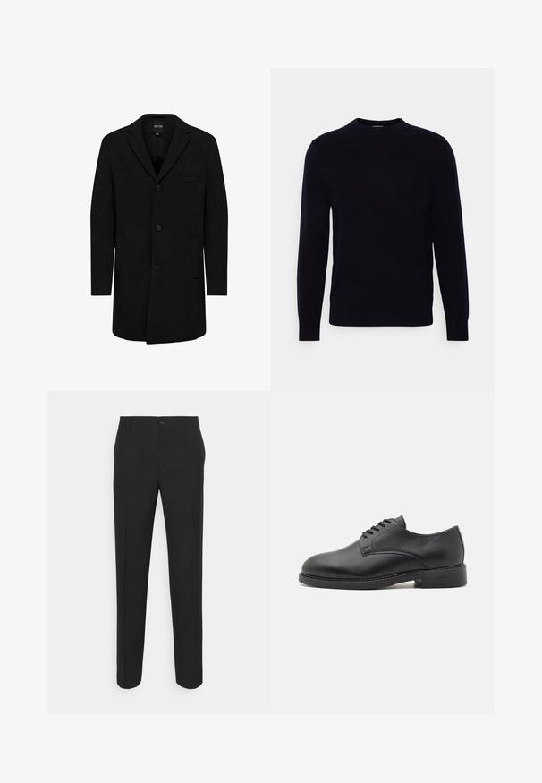 Manteau noir en mélange de laine au design ajusté ; doté d'une fermeture à un bouton, de revers en pointe et de poches latérales. Texture lisse.; Pull marin noir à col rond avec des manches longues, fabriqué en tissu doux. Présente une texture lisse et une coupe classique, sans motifs ni accents visibles.; Pantalons noirs ajustés à coupe droite, dotés d'une fermeture à un bouton et de passants de ceinture. Tissu lisse, mat et sans motifs.; Chaussure oxford en cuir noir avec un bout rond, présentant une finition lisse, un laçage à cinq œillets et un petit talon empilé.