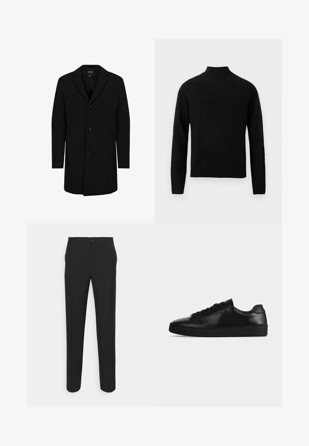 Manteau noir en mélange de laine au design ajusté ; doté d'une fermeture à un bouton, de revers en pointe et de poches latérales. Texture lisse.; Pull noir à col roulé avec manches longues, fabriqué en maille douce. Caractérisé par un col et un ourlet côtelés pour une silhouette ajustée.; Pantalons noirs ajustés à coupe droite, dotés d'une fermeture à un bouton et de passants de ceinture. Tissu lisse, mat et sans motifs.; Basket basse en cuir noir avec lacets noirs et semelle épaisse noire, vue de profil sur fond gris clair.