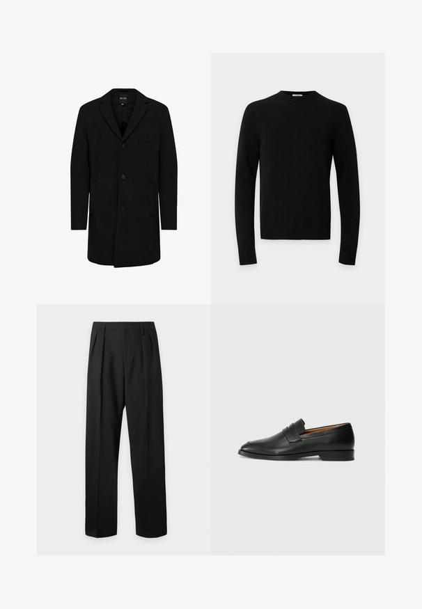 Manteau noir en mélange de laine au design ajusté ; doté d'une fermeture à un bouton, de revers en pointe et de poches latérales. Texture lisse.; Pull noir à manches longues avec col rond, ourlet et poignets côtelés sur un fond gris clair uni.; Pantalon noir taille haute, sur-mesure, avec passants pour ceinture, plis sur le devant, fermeture par bouton et jambes droites larges sur fond clair.; Mocassin en cuir noir avec un bout arrondi, des coutures subtiles et un talon bas, présentant une texture lisse et un design minimaliste.