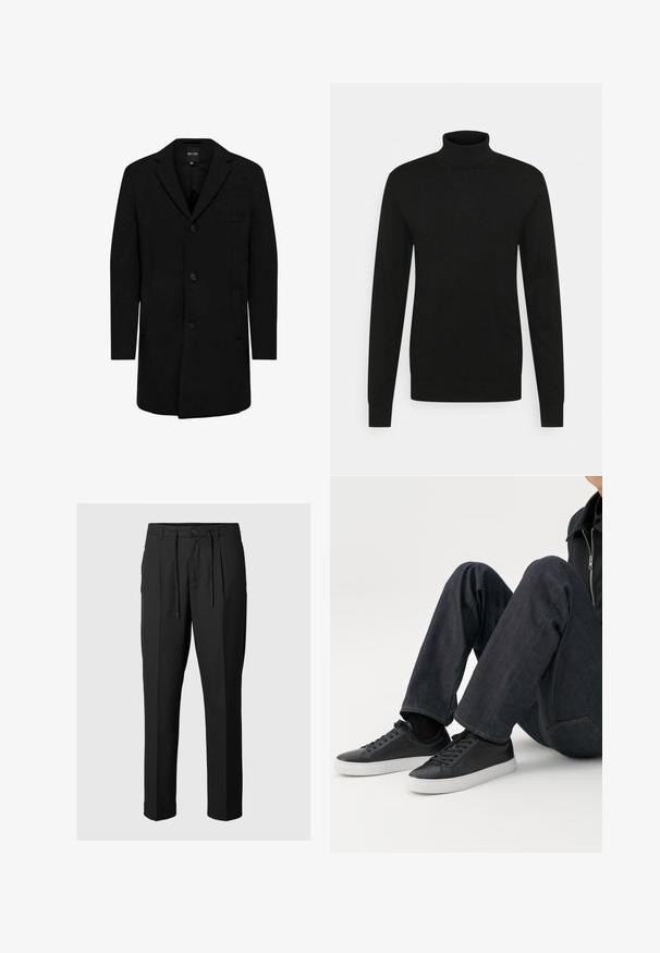 Manteau noir en mélange de laine au design ajusté ; doté d'une fermeture à un bouton, de revers en pointe et de poches latérales. Texture lisse.; Pull à col roulé noir en matériau doux et extensible. Manches longues, col et poignets côtelés, et silhouette ajustée.; Pantalons noirs sur mesure avec une taille à cordon de serrage, présentant des plis sur le devant et une coupe droite élégante. Texture douce.; Personne assise avec les jambes pliées, portant un jean bleu foncé et des baskets basses noires avec des semelles blanches sur fond blanc.