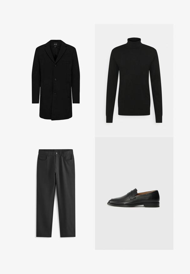 Manteau noir en mélange de laine au design ajusté ; doté d'une fermeture à un bouton, de revers en pointe et de poches latérales. Texture lisse.; Pull à col roulé noir en matériau doux et extensible. Manches longues, col et poignets côtelés, et silhouette ajustée.; Next SKINNY FIT PLAIN - Pantalon classique - black; Mocassin en cuir noir avec un bout arrondi, des coutures subtiles et un talon bas, présentant une texture lisse et un design minimaliste.