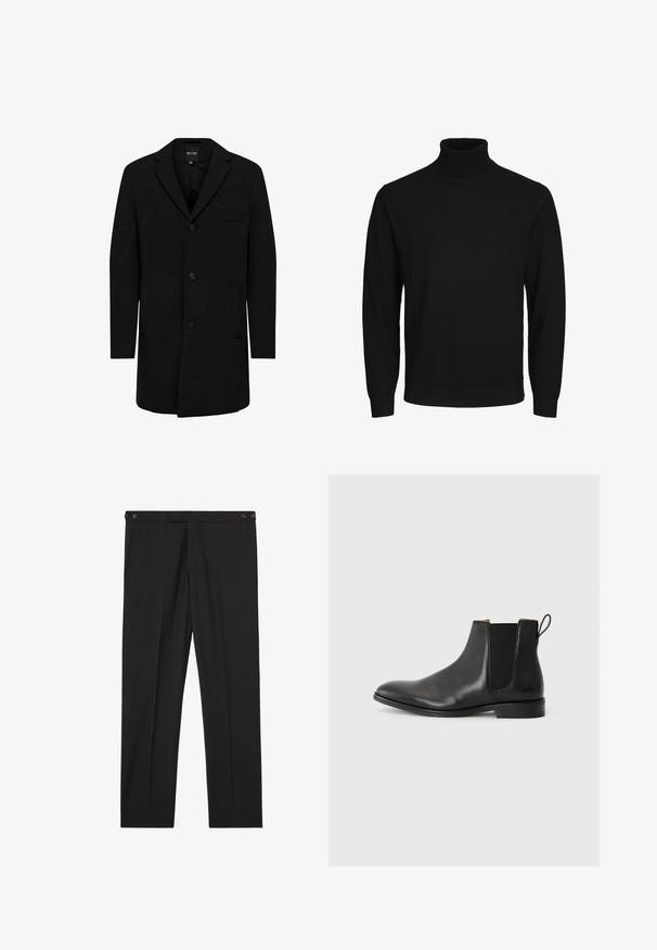 Manteau noir en mélange de laine au design ajusté ; doté d'une fermeture à un bouton, de revers en pointe et de poches latérales. Texture lisse.; Pull à col roulé noir en maille lisse, avec des manches longues et un ourlet ajusté, sans motifs ni embellissements visibles.; Pantalon noir sur mesure avec boutons latéraux à la taille, plis devant et jambes droites, adapté pour une tenue formelle ou de bureau.; JOOP! PERO KLEITOS CHELSEA - Bottines - black