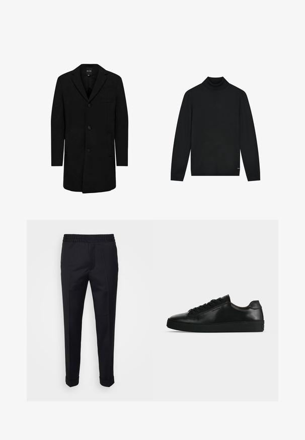 Manteau noir en mélange de laine au design ajusté ; doté d'une fermeture à un bouton, de revers en pointe et de poches latérales. Texture lisse.; Pull à col roulé noir en matériau doux, avec des manches longues et un col ajusté. Design minimaliste sans motifs visibles.; Pantalon noir en tissu léger, avec une taille élastique, des poches latérales et des poignets roulés. Texture lisse avec des plis à l'avant.; Basket basse en cuir noir avec lacets noirs et semelle épaisse noire, vue de profil sur fond gris clair.