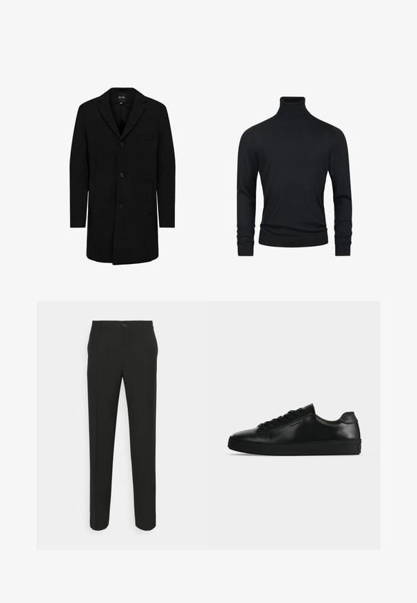 Manteau noir en mélange de laine au design ajusté ; doté d'une fermeture à un bouton, de revers en pointe et de poches latérales. Texture lisse.; Pull en col roulé noir à manches longues, fabriqué dans un tissu en tricot lisse, avec des poignets et un ourlet côtelés pour un aspect ajusté.; Pantalons noirs ajustés à coupe droite, dotés d'une fermeture à un bouton et de passants de ceinture. Tissu lisse, mat et sans motifs.; Basket basse en cuir noir avec lacets noirs et semelle épaisse noire, vue de profil sur fond gris clair.