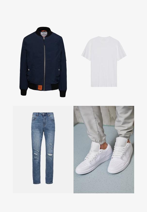 Marine bomberjack met een ritssluiting aan de voorkant, zwarte geribbelde kraag en manchetten, zijzakken, oranje interieur en een label aan de onderkant aan de linkerzijde.; Witte katoenen T-shirt met korte mouwen, een ronde hals en een gladde textuur. Heeft minimale branding op de halslijn.; Blauwe denim jeans met een rechte pasvorm, voorzien van versleten plekken, vijf zakken en een knoopsluiting. Klassiek mid-rise ontwerp.; Witte leren sneakers met een geperforeerde neus, platte veters, een gepolsterde kraag en het Jordan-logo op de tong. Gediend met grijze joggers.