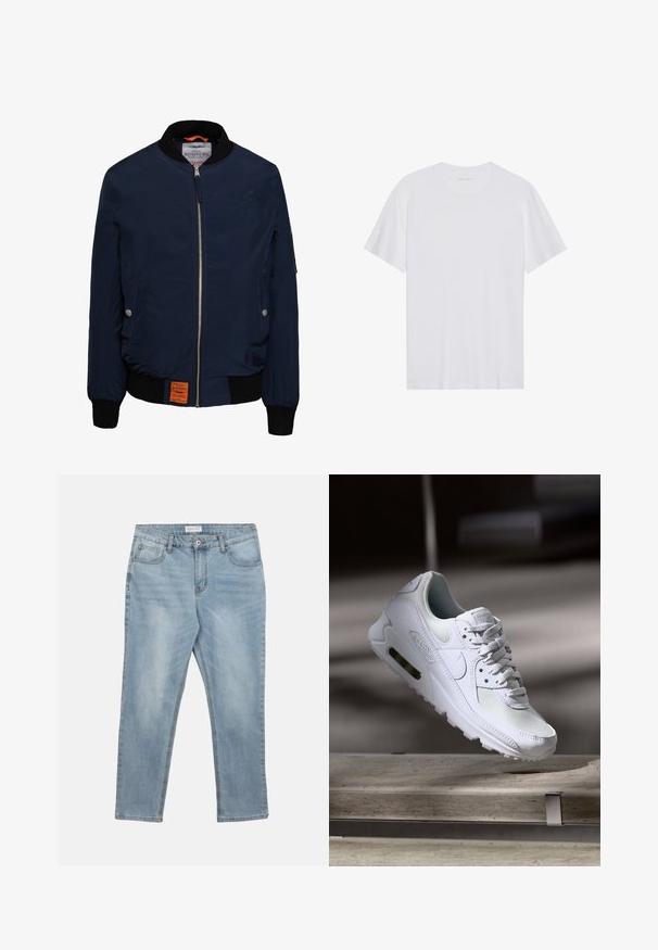Chaqueta bomber navy con cierre delantero, cuello y puños acanalados negros, bolsillos laterales, interior naranja y una etiqueta en la parte inferior izquierda.; Camiseta de algodón blanca con mangas cortas, cuello redondo y una textura suave. Presenta una marca mínima en el escote.; Pantalones vaqueros de mezclilla azul claro con botón frontal y cremallera, trabillas para cinturón y cinco bolsillos, colocados planos sobre un fondo blanco.; Zapatilla Nike Air Max 90 blanca con parte superior de malla y cuero, caja de puntera perforada y unidad de aire visible en el talón.