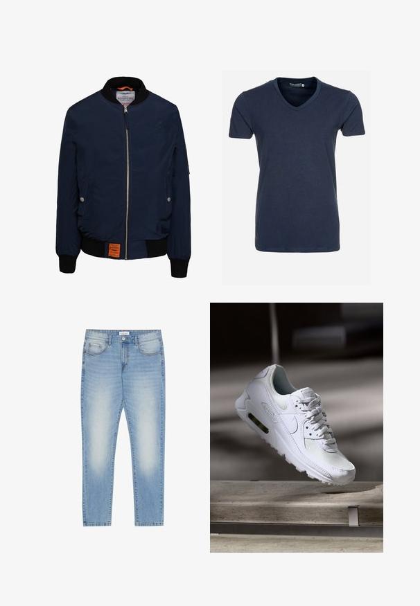 Marine bomberjack met een ritssluiting aan de voorkant, zwarte geribbelde kraag en manchetten, zijzakken, oranje interieur en een label aan de onderkant aan de linkerzijde.; Navyblauwe katoenen V-hals T-shirt met korte mouwen, een gladde textuur en een rechte zoom, met een label aan de binnenkant van de hals.; Lichtblauwe denim jeans met een reguliere pasvorm, vijf zakken, lichte slijtage aan de voorkant en een recht gesneden pijp.; Witte Nike Air Max 90 sneaker met een bovenwerk van mesh en leer, een geperforeerde teenbox en een zichtbare luchtunit in de hiel.