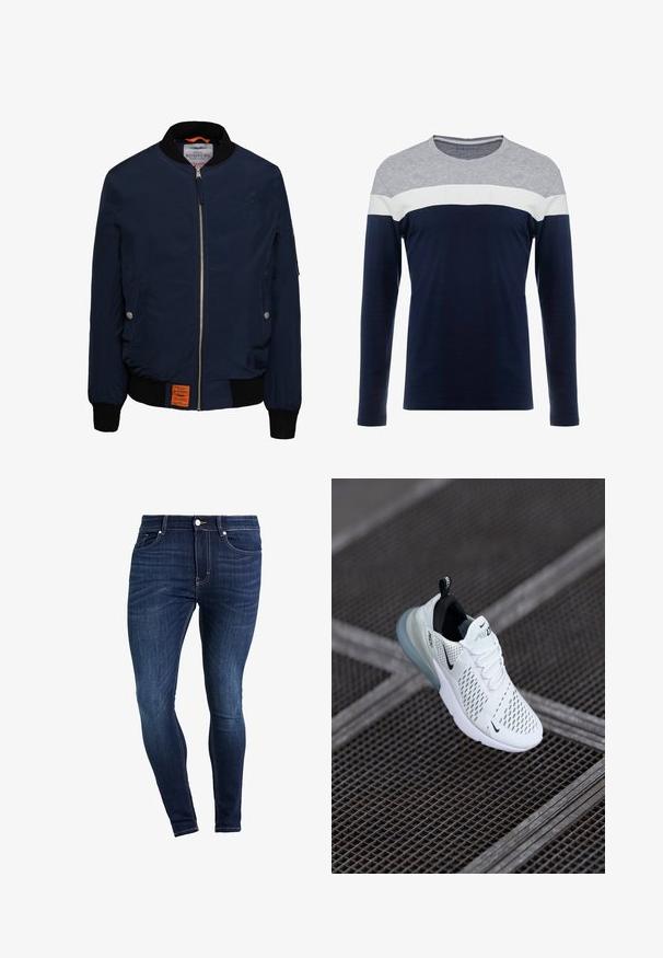 Marine bomberjack met een ritssluiting aan de voorkant, zwarte geribbelde kraag en manchetten, zijzakken, oranje interieur en een label aan de onderkant aan de linkerzijde.; Langsleeve shirt met grijze, witte en marineblauwe horizontale strepen. Gemaakt van zachte stof met een ronde hals en een normale pasvorm.; Donkerblauwe denimjeans met een slim-fit ontwerp, vijf zakkenstijl en contrasterende stiksels. Het materiaal lijkt glad met een lichte textuur.; Witte sportieve sneaker met geperforeerde mesh bovenkant, zwarte accenten, zichtbare veters en een doorzichtige luchtkussenzool.