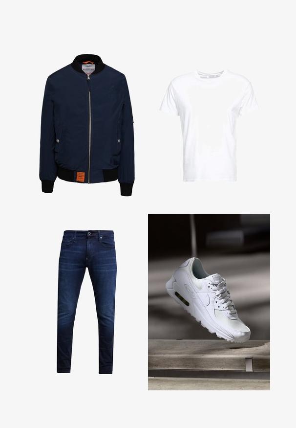 Marine bomberjack met een ritssluiting aan de voorkant, zwarte geribbelde kraag en manchetten, zijzakken, oranje interieur en een label aan de onderkant aan de linkerzijde.; Witte katoenen t-shirt met een ronde hals en korte mouwen, in een klassiek model met een gladde textuur. Geen patronen of hardware zichtbaar.; Donkerblauwe slim-fit denim jeans met een sluiting met knoop en rits aan de voorkant, voor- en achterzakken, en subtiele vervagingdetails.; Witte Nike Air Max 90 sneaker met een bovenwerk van mesh en leer, een geperforeerde teenbox en een zichtbare luchtunit in de hiel.