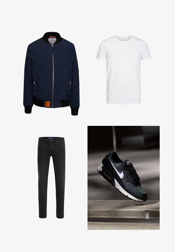 Marine bomberjack met een ritssluiting aan de voorkant, zwarte geribbelde kraag en manchetten, zijzakken, oranje interieur en een label aan de onderkant aan de linkerzijde.; Ronde hals kortemouwen t-shirt in effen wit, gemaakt van zachte katoen, heeft een eenvoudig ontwerp zonder zichtbare patronen of accenten.; Zwarte denim jeans met een slim fit en een soepele textuur, vijf zakken en een knoopsluiting bij de taille.; Zwart-grijze Nike Air Max sneaker met witte swoosh, zwevend boven een betonnen oppervlak tegen een wazige donkere achtergrond.