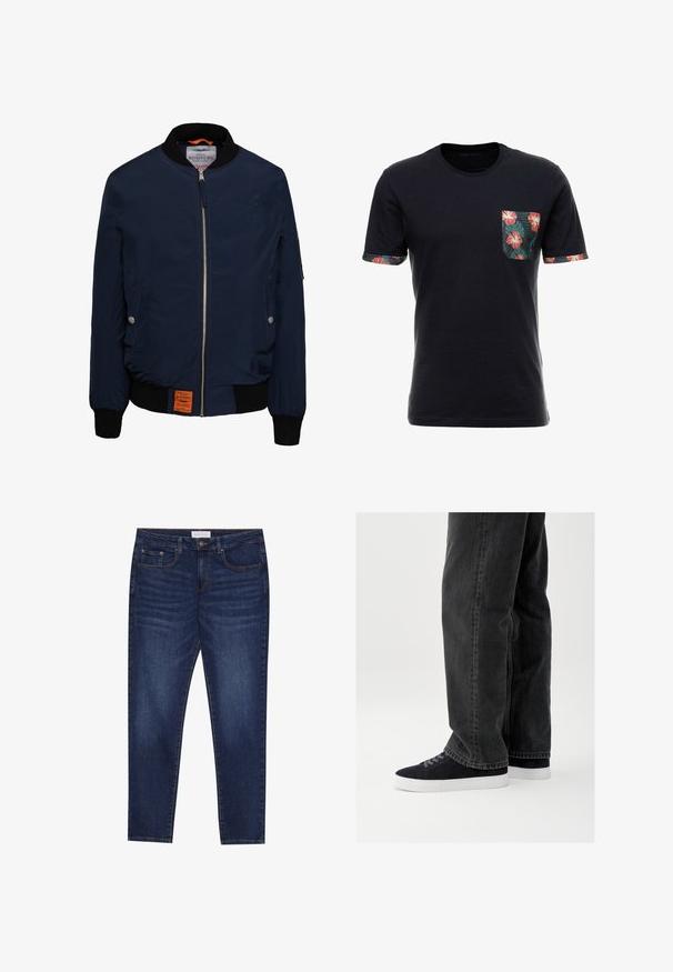 Marine bomberjack met een ritssluiting aan de voorkant, zwarte geribbelde kraag en manchetten, zijzakken, oranje interieur en een label aan de onderkant aan de linkerzijde.; Korte mouwen zwarte t-shirt met een bloemenzak en gemusterde manchetten. Gemaakt van zachte katoen met een relaxte pasvorm en ronde halslijn.; Donkerblauwe slim-fit jeans met vijf zakken, knoopsluiting en contrasterende stiksels, gelabeld Pier One op de tailleband.; Zwarte denim jeans met een losse pasvorm, gecombineerd met marineblauwe suède sneakers met witte rubberen zolen en zwarte veters. Eenvoudig en modern ontwerp.