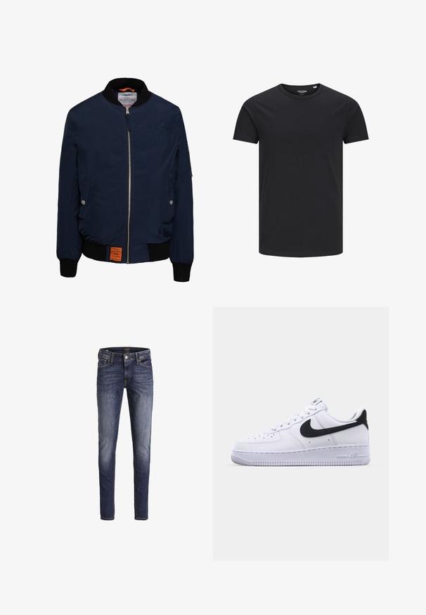 Marine bomberjack met een ritssluiting aan de voorkant, zwarte geribbelde kraag en manchetten, zijzakken, oranje interieur en een label aan de onderkant aan de linkerzijde.; Zwarte katoenen T-shirt met een ronde hals, korte mouwen en een eenvoudig ontwerp. Soepele textuur, geen patronen of zichtbare hardware.; Donkerblauwe slim-fit jeans met lichte vervaging op dijen en knieën, met voorzakken, riemlussen en een knoopsluiting.; Witte leren sneaker met een gestructureerde zwarte Swoosh, platte veters en een rubberen zool met een geribbeld patroon. "AIR" is in de hak geperst.