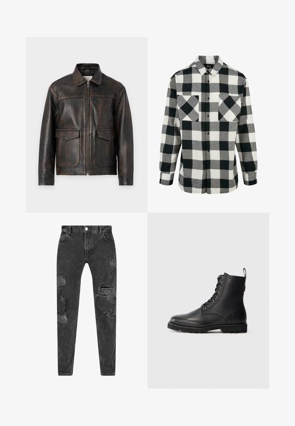Jack & Jones PREMIUM Leather Leather - Veste en cuir - brown stone; Chemise en flanelle noir et blanc avec un grand motif à carreaux, manches longues, patte de boutonnage à l'avant et deux poches poitrine. Fabriquée en tissu doux.; Jean en denim noir avec des détails déchirés et plusieurs zones déchirées. Coupe ajustée avec cinq poches et fermeture à bouton.; Bottine en cuir noir avec bout rond, design à lacets et œillets métalliques. Dispose d'une semelle texturée et d'une languette au talon pour un enfilage facile.