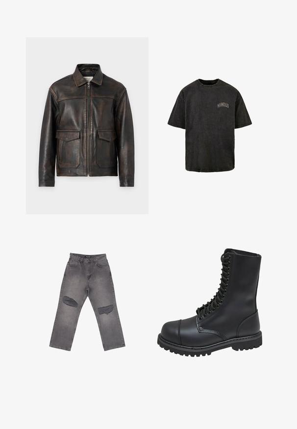 Jack & Jones PREMIUM Leather Leather - Veste en cuir - brown stone; T-shirt en coton noir avec un col rond, des manches courtes et un logo brodé sur la poitrine gauche. Présente une texture usée et une finition brute.; Jean denim gris taille haute avec jambes larges et grandes zones abîmées sur les deux genoux, avec poches avant et passants pour ceinture.; Botte de combat en cuir noir avec un haut tige, fermeture lacée à l'avant, col rembourré et semelle texturée robuste pour une meilleure adhérence. Dotée d'un capuchon de protection renforcé.