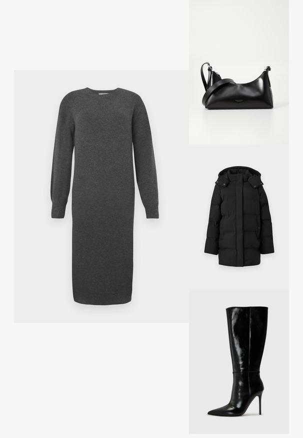 Manteau d'hiver long noir rembourré avec capuche, fermeture éclair avant dissimulée par un rabat boutonné, et deux poches latérales avec boutons-pression.; Robe tricotée gris foncé avec des manches longues, un col rond et des poignets côtelés. Longueur mi-mollet et texture lisse. Design simple sans motifs.; Bottes noires en cuir, hautes jusqu'au genou, avec un bout pointu et un talon aiguille haut. Texture lisse et design épuré, avec un minimum de détails.; Sac à main en cuir noir avec une texture lisse. Dispose d'une bandoulière adjustable et d'un design élégant et minimaliste avec une fermeture éclair.