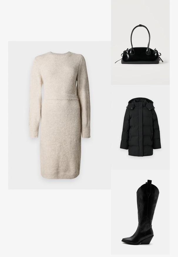 Manteau d'hiver long noir rembourré avec capuche, fermeture éclair avant dissimulée par un rabat boutonné, et deux poches latérales avec boutons-pression.; Robe en tricot beige à manches longues, col rond et finition texturée. Taille cintrée avec une bande d'accent, ourlet au genou.; Botte de cowboy en cuir noir avec bout pointu, talon bloc incliné, couture décorative et languettes en haut sur fond blanc.; Petit sac à main noir brillant avec deux longues anses et des détails à cordon sur les côtés sur un fond clair uni.