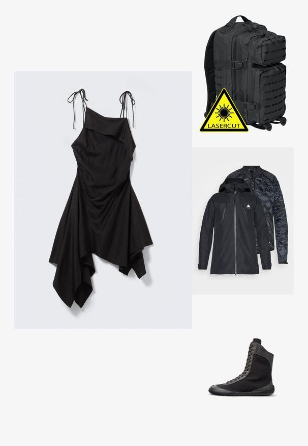 Veste noire à double couche avec une fermeture éclair sur le devant, présentant une coque extérieure lisse et une couche intérieure matelassée. Comprend une capuche et un détail de logo.; Robe noire asymétrique avec fines bretelles en lien, corsage drapé et ourlet en pointe sur fond gris clair.; Baskets montantes noires avec garniture en daim gris, lacets à l'avant et semelle plate en caoutchouc, montrées de profil droit sur fond blanc.; Brandit BIG COOPER - Sac à dos - black