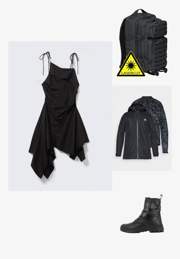 Veste noire à double couche avec une fermeture éclair sur le devant, présentant une coque extérieure lisse et une couche intérieure matelassée. Comprend une capuche et un détail de logo.; Robe noire asymétrique avec fines bretelles en lien, corsage drapé et ourlet en pointe sur fond gris clair.; Palladium Bottines de cowboy / motard - black; Brandit BIG COOPER - Sac à dos - black
