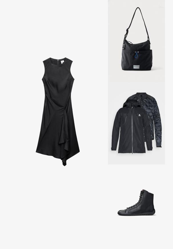 Veste noire à double couche avec une fermeture éclair sur le devant, présentant une coque extérieure lisse et une couche intérieure matelassée. Comprend une capuche et un détail de logo.; Robe noire sans manches avec encolure ronde et ourlet drapé asymétrique, dotée d'une fermeture éclair au dos.; Baskets montantes en cuir noir avec lacets noirs, semelle plate et étiquette de marque sur la zone de la cheville, vues de côté sur fond blanc.; Sac d'épaule en tissu noir avec sangle réglable, poche avant avec cordon bleu et petite étiquette logo rectangulaire à la base.