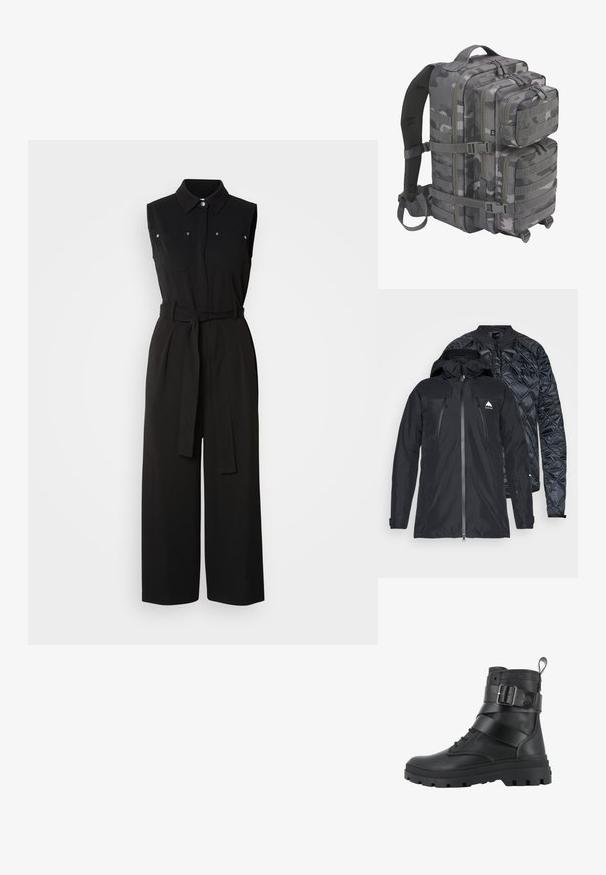 Veste noire à double couche avec une fermeture éclair sur le devant, présentant une coque extérieure lisse et une couche intérieure matelassée. Comprend une capuche et un détail de logo.; Combinaison noire sans manches avec col, deux poches avant, taille ceinturée, jambes larges et texture de tissu lisse.; Palladium Bottines de cowboy / motard - black; Sac à dos camouflage dans des tons de gris ; comporte plusieurs compartiments, un tissu durable, des bretelles réglables et un panneau arrière texturé.