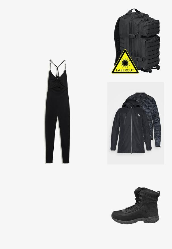Veste noire à double couche avec une fermeture éclair sur le devant, présentant une coque extérieure lisse et une couche intérieure matelassée. Comprend une capuche et un détail de logo.; Combinaison une-pièce noire avec jambes ajustées et fines bretelles réglables formant un V dans le dos et un détail torsadé au niveau de la poitrine.; Botte tactique haute noire avec panneaux en mesh et suède, fermeture à lacets, col rembourré et semelle en caoutchouc robuste.; Brandit BIG COOPER - Sac à dos - black