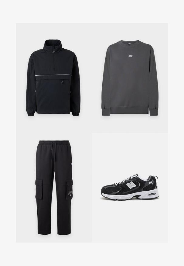 Sort pullover jakke med høj krave, halv lynlås fortil, reflekterende hvid stribe over brystet, elastiske manchetter og snoretræk i siderne.; Grå sweatshirt lavet af bomuldsblandet stof, med rund halsudskæring, lange ærmer, ribstrikkede manchetter og et lille hvidt logo på brystet.; Sorte cargo bukser lavet af blødt stof, med to sidelommer, en elastisk talje og en logo detalje på venstre ben.; Sorte og grå sportssko med mesh og ruskind på overdelen, der har en hvid mellemsål, snørebånd og et iøjnefaldende "N" logo på siden.