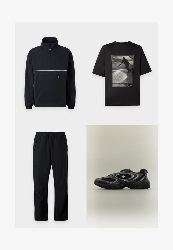 Sort pullover jakke med høj krave, halv lynlås fortil, reflekterende hvid stribe over brystet, elastiske manchetter og snoretræk i siderne.; Sort kortærmet t-shirt med et grafisk print, der viser en silhouet af en figur på en tekstureret hvid overflade med linjemønstre.; Sorte afslappede bukser med elastisk talje, to sidelommer og en lynlåslomme på låret, vist fladt på hvid baggrund.; Sort og grå atletisk sneaker med mesh-paneler, snørebåndsdesign, tyk sål og et lille krokodillelogo på siden.