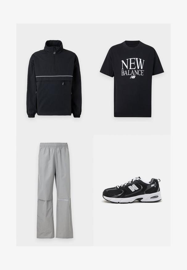 Chaqueta de pullover negra con un alto cuello, cierre de media cremallera en la parte delantera, franja reflectante blanca en el pecho, puños elásticos y detalles de cordón en los laterales.; Camiseta negra de manga corta con un gran texto blanco "NEW BALANCE" y el logo de la marca centrados en la parte delantera, sobre un fondo liso.; Pantalones impermeables de lluvia de color gris claro con cintura elástica y banda reflectante en la pierna derecha, diseñados para uso al aire libre.; Zapatillas deportivas en negro y gris con parte superior de malla y ante, que cuentan con una entresuela blanca, cordones y un llamativo logo "N" en el lateral.